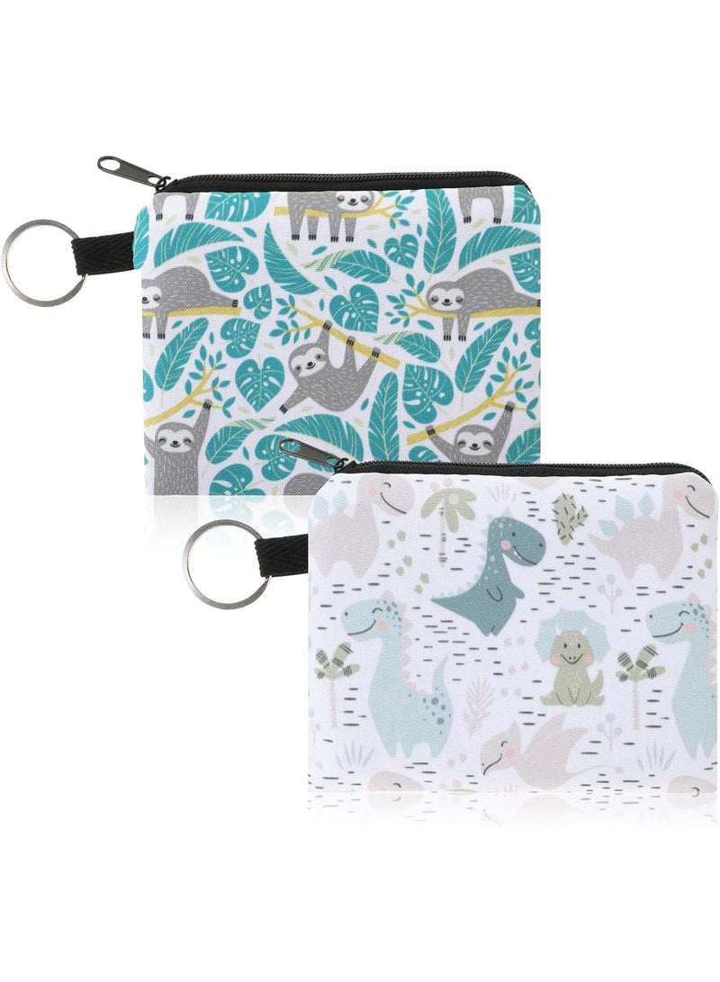 CLENEA 2 Pcs Coin Purse for Women, Sloth Dinosaur Change Bag, Small Cartoon Printing Canvas Purse, Coin Bag Organiser Purse, Key Ring Wallet, Cute Animal Coin Purse for Women - Image 1